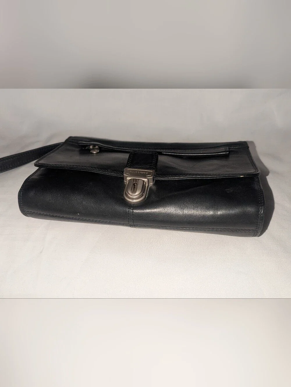 Claudio Fericci Black Leather Organizer Clutch Wristlet with Silver Hardware